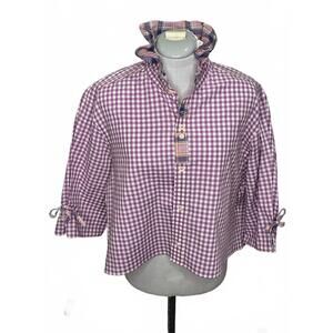 Upcycled Purple Gingham 100% Cotton Button-Up Shirt with Ruffled Collar